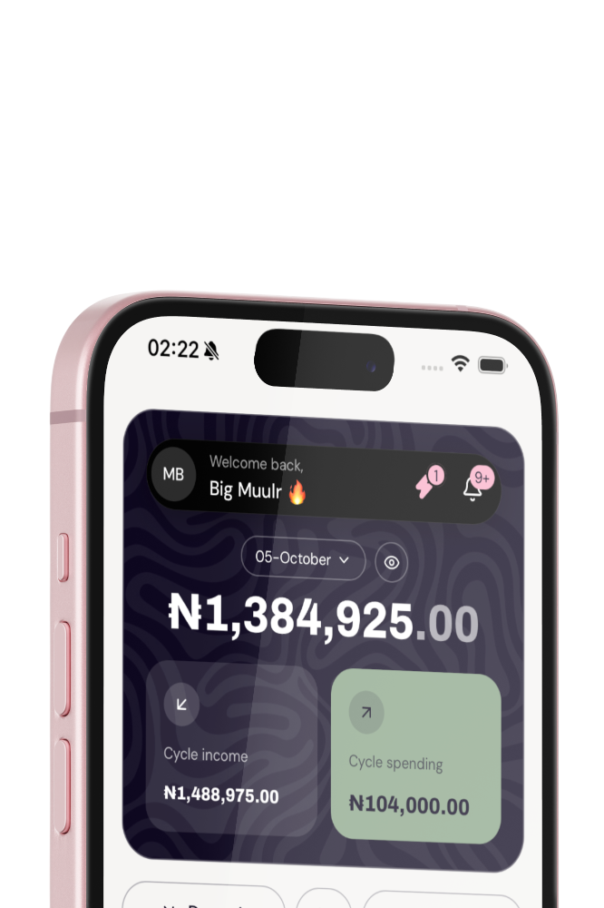 The Muulr mobile dashboard with cycle income and spending